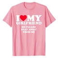 Pink cotton t-shirt with I Love My Girlfriend slogan and red heart print for couples - S / Tops / I Love My Girlfriend (Stay Away) - Pink