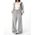 Women's 3-piece casual gray loungewear set with zip hoodie and wide-leg drawstring pants - Gray