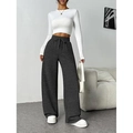 Women's dark grey high waisted wide leg trousers with adjustable drawstring waist - Dark Gray
