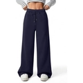 Women's high waist navy blue wide leg trousers with adjustable drawstring and side pockets - Navy Blue