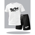 Herren Mesh Sommer-Set mit weißem Brooklyn T-Shirt und schwarzen Shorts mit Tunnelzug - S / Weiß