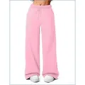 Women's pink wide-leg casual pants featuring adjustable drawstring waist and side pockets - Pink