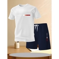 Conjunto de camiseta blanca de malla y pantalones cortos azul marino con estampado Paris - S / Top Blanco/Pantalones Cortos Marinos