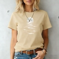 Damen Rundhals T-Shirt in Khaki aus Baumwolle mit minimalistischem Mond-Wasser-Reflexionsdruck - S / Khaki