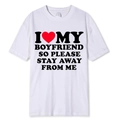 White unisex T-shirt with black I Love My Boyfriend slogan print in gothic font - S / Tops / White (I ❤️ MY BOYFRIEND STAY AWAY)