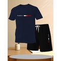 Conjunto de camiseta de malla azul marino y pantalones cortos negros con estampado de París - S / Top Marino/Pantalones Cortos Negros