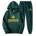 Tuta sportiva con cappuccio verde scuro per coppie con grafica Queen e corona gialla - Taglia S / Top e Pantaloni (Queen) / Verde Scuro