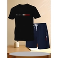 Ensemble d'été pour homme avec t-shirt en mesh noir et short bleu marine imprimé PARIS - Noir/Bleu foncé