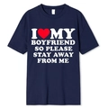 Dark blue short sleeve T-shirt featuring white I Heart My Boyfriend text print - S / Tops / I Love My Boyfriend Stay Away-Navy Blue