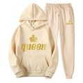 Tuta in pile albicocca con corona e stampa Queen su felpa con cappuccio e pantaloni - Taglia S / Queen / Kaki