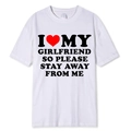 White cotton T-shirt featuring bold black text and a red heart graphic on the chest - S / Tops / I Love My Boyfriend Stay Away-White