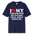 Navy blue crew neck T-shirt with I Love My Girlfriend white and red slogan print - S / Tops / I Love My Girlfriend Stay Away-Navy Blue