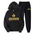 Tuta sportiva nera due pezzi con stampa queen dorata e felpa con cappuccio - Taglia S / Queen / Nero