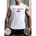 Men's white cotton gym tank top with ALPHA print shown with dumbbells in a gym setting - White