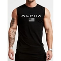 Men's black cotton gym tank top with white Alpha lettering and US flag print - Black