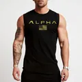 Men's black cotton gym vest with golden Alpha print and USA flag graphic design - Black Gold