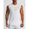 Men's slim fit cotton muscle tank top in white featuring a gold Alpha print - Platinum