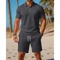 Heren zomer vrijetijdsset met donkergrijze wafelgebreide polo en bijpassende korte broek - S / donkergrijs