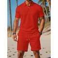 Men's summer red short sleeve Polo shirt and drawstring shorts casual athletic set - S / Top And Bottom / Red
