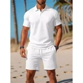 Heren zomer casual set met poloshirt en korte broek in effen witte kleur - S / Wit