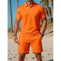 Men's summer casual waffle knit short sleeve orange polo shirt and shorts set - S / Top And Bottom / Orange