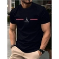 Dunkelblaues Herren T-Shirt aus Baumwolle mit Paris-Eiffelturm-Druck und Streifen - S / Schwarz (Paris Eiffelturm)