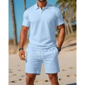 Men's light blue casual polo set with short sleeves and drawstring shorts in mesh fabric - S / Top And Bottom / Light Blue