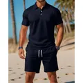 Men's navy blue casual knit polo and drawstring shorts set on a sunny beach - S / Top And Bottom / Navy Blue