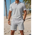 Men's summer casual gray short-sleeve polo shirt and drawstring shorts two-piece set - S / Top And Bottom / Light Gray