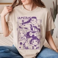 Beige cotton crewneck T-shirt featuring a purple anime character print with HUNTR X text - S / Apricot