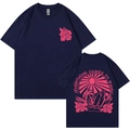 Σκούρο μπλε βαμβακερό T-shirt με ροζ φλοράλ σχέδιο και τυπογραφία με κύματα σερφ - S / Tops / Ναυτικό μπλε