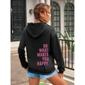 Black oversized hoodie featuring pink Do What Makes You Happy back print slogan - S / Tops / Black with Purple Text