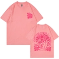 Rosa Kurzarm-T-Shirt mit Sommerwellen-Grafik und Blumendruck auf Vorder- und Rückseite - S / Oberteile / Rosa