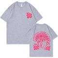 Graues T-Shirt mit Rundhalsausschnitt und rosa Sommerwellen-Grafikdrucken - S / Oberteile / Grau