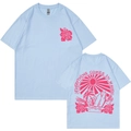 Hellblaues Baumwoll-T-Shirt mit rosa Surfgrafik und Wellen-Slogan auf dem Rücken - S / Oberteile / Hellblau