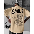 Men's apricot t-shirt with graffiti SMILE text and teddy bear back print street style - S / Khaki