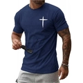 Ανδρικό μπλε σκούρο κοντομάνικο T-shirt με γοτθικό σταυρό τυπωμένο στο στήθος - S / Ναυτικό μπλε