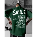 Men's dark green t-shirt with white smile bear print on back in streetwear style - S / Dark Green