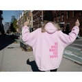 Light pink oversized hoodie with Do What Makes You Happy back print in street style - S / Tops / Pink with Purple Text