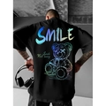 Men's oversized black streetwear T-shirt with gradient SMILE text and gothic bear back print - S / Black 1 (Color Bear Print)