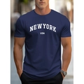 Donkerblauw heren T-shirt met korte mouwen en wit New York USA belettering opdruk - S / Marineblauw
