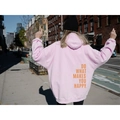 Pale pink oversized hoodie with orange DO WHAT MAKES YOU HAPPY back print design - S / Tops / Pink with Yellow Letters
