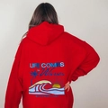 Sweat à capuche rouge oversize pour hommes et femmes avec imprimé de vagues au dos - S / Rouge
