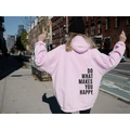 Pink oversized hoodie with Do What Makes You Happy back print for women in streetwear style - S / Tops / Pink - Black Text