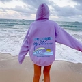 Sweat à capuche violet oversize avec imprimé surf au dos, vagues et palmiers de mer - S / Mauve Clair