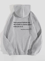 Detail view of the gray oversized hoodie showing the black letter print on the back - S / Tops / Gray