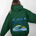 Sweat à capuche vert foncé à épaules tombantes avec imprimé Life Comes in Waves - S / Vert Foncé