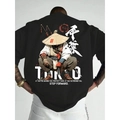 Oversized black cotton T-shirt featuring a Japanese samurai graphic and Tokyo street style - Black