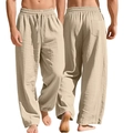 Men's loose linen straight leg pants with elastic drawstring waist in beige - S / Apricot