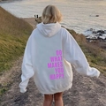 White oversized hoodie featuring pink 'Do What Makes You Happy' back print - S / Tops / White with Purple Text